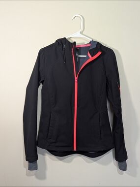 Mondetta Jacket Womens Small Black Athletic Zip Up Hooded Activewear Neon Trim